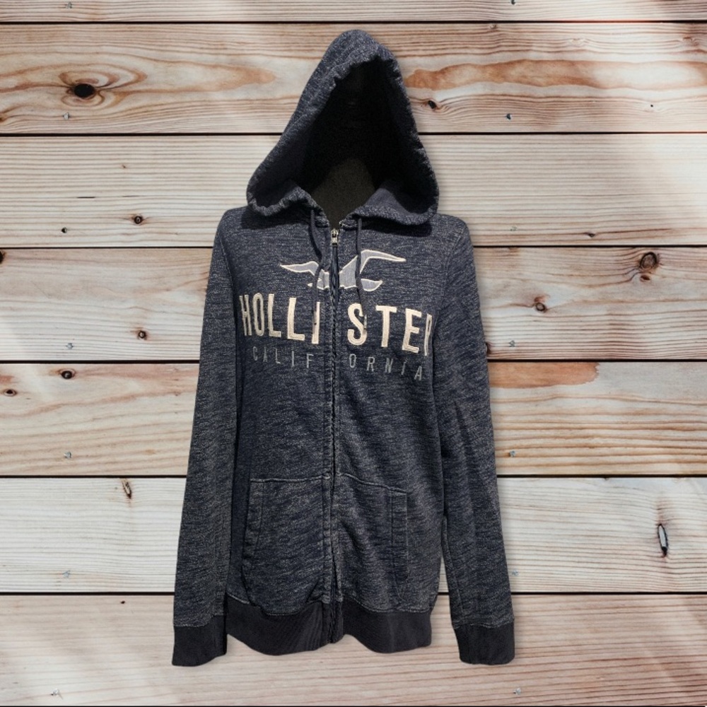 Hollister Logo Graphic Zip Up Hoodie Sweatshirt Navy Blue Mens Size:Small